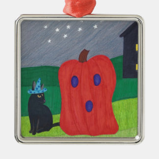 Pumpkin Ghost and Wizard Cat Halloween Ornaments