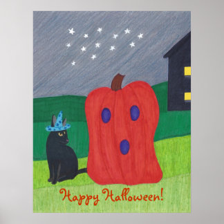 Pumpkin Ghost and Wizard Cat Halloween Posters