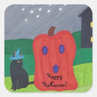 Pumpkin Ghost and Wizard Cat Halloween Stickers
