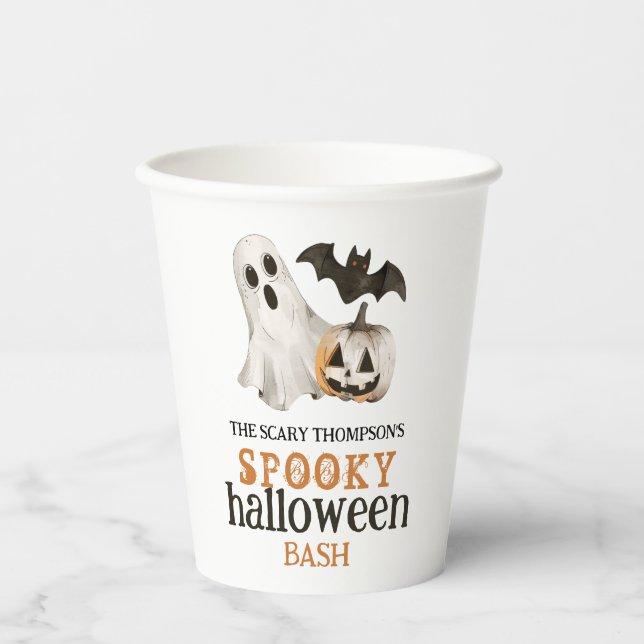 Pumpkin Ghost Bat Name Spooky Halloween Bash  Paper Cups (Front)