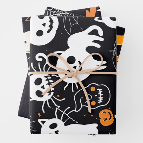 Pumpkin Ghost Black Cat Skull Rustic Halloween Wrapping Paper Sheets