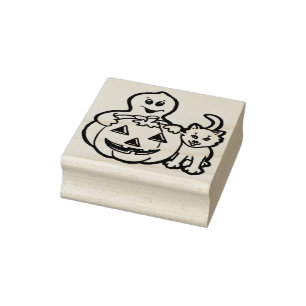 Pumpkin ghost cat illustration art stamp