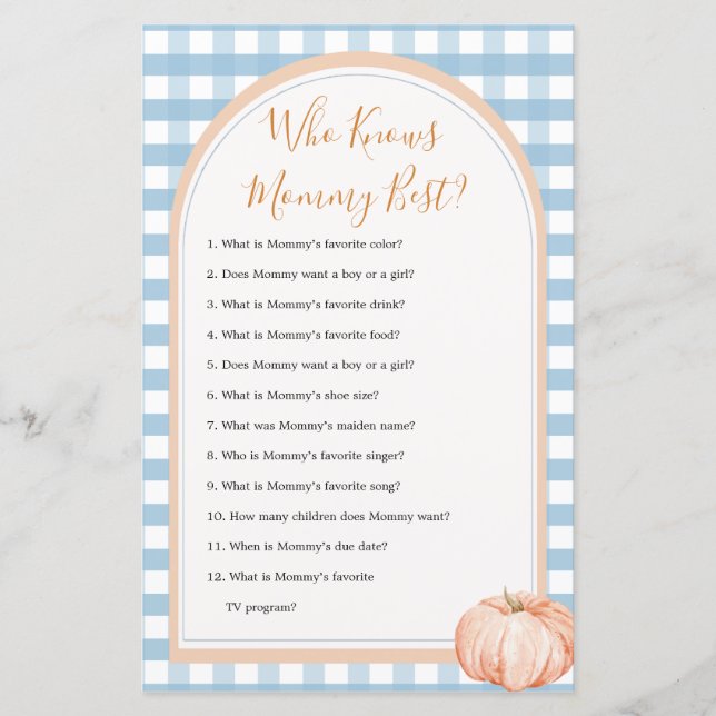 Pumpkin Gingham Birthday Who Knows Mommy Best Game (Front)