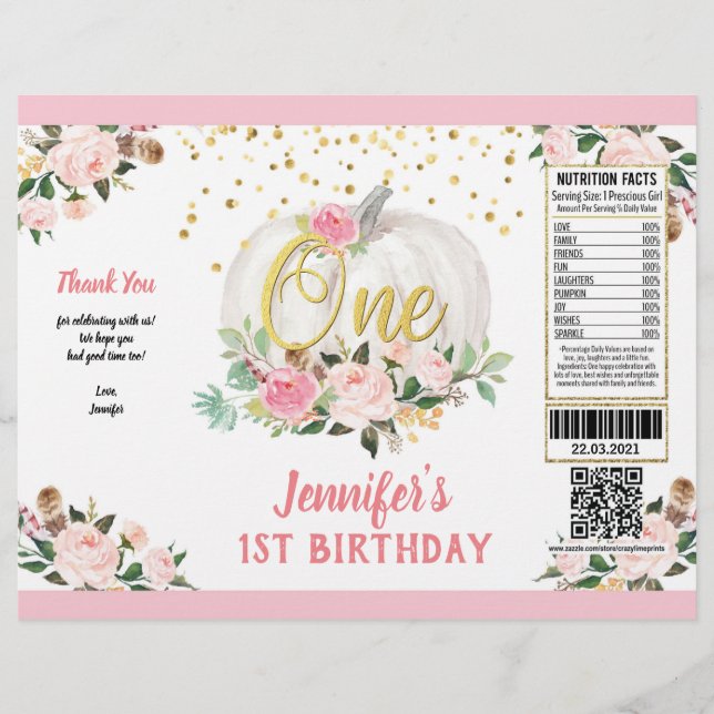 Pumpkin Girl 1st Birthday Pink Chip Bag Wrapper (Front)