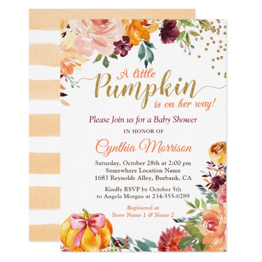 Pumpkin Girl Baby Shower Gold Autumn Fall Floral Invitation Zazzle Com