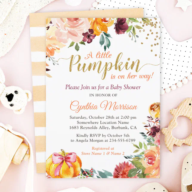 Pumpkin Girl Baby Shower Gold Autumn Fall Floral Invitation | Zazzle