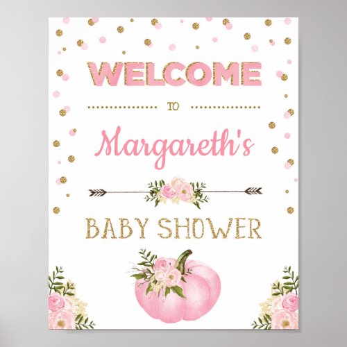 Pumpkin Girl Baby Shower Welcome Sign Pink Floral