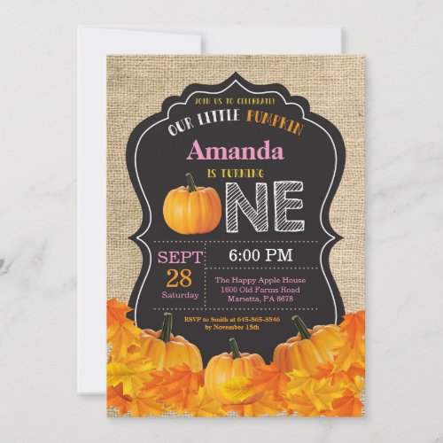 Pumpkin Girl First Birthday Invitation Pink Burlap