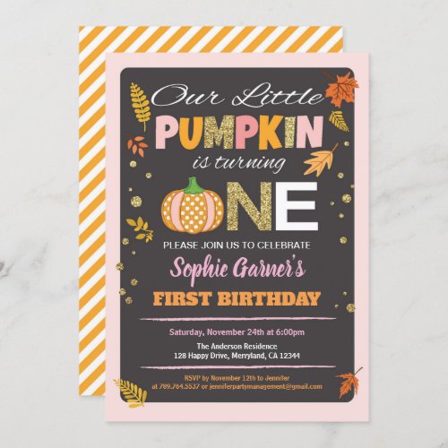 Pumpkin girl first birthday party chalkboard invitation