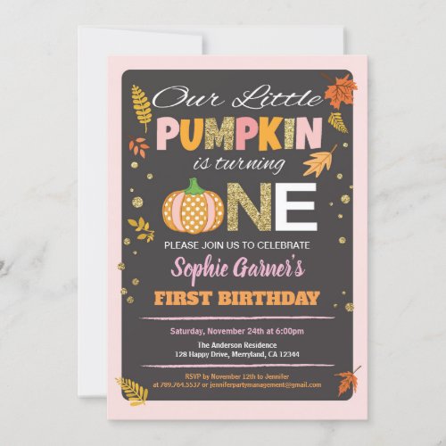 Pumpkin girl first birthday party chalkboard invitation