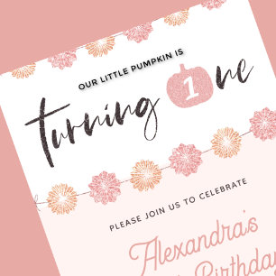 Pumpkin Girl Pink Floral Halloween 1st birthday Invitation