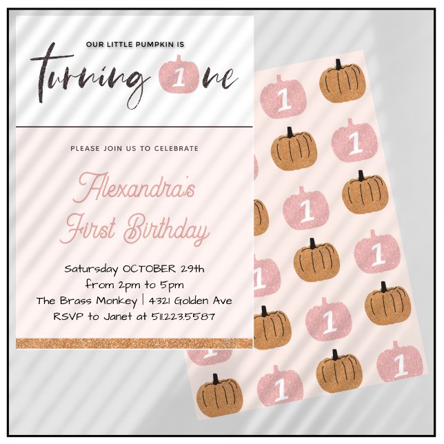 Pumpkin Girl Pink Glitter Halloween 1st birthday Invitation (Halloween-1st-birthday-Invitation-Pumpkin-Girl-Pink-gold-Glitter-1)