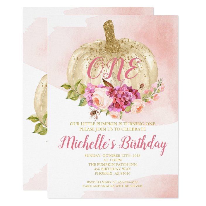 Pumpkin Girl Pink Gold First Birthday Watercolor Invitation Zazzle