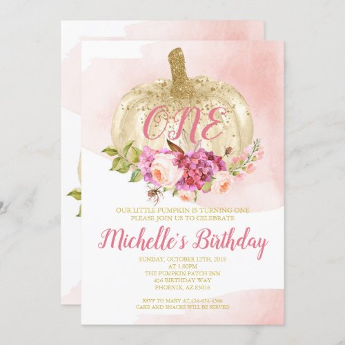 Pumpkin Girl Pink Gold First Birthday Watercolor Invitation