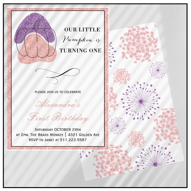 Pumpkin Girl Pink Purple Halloween 1st Birthday Invitation (Halloween-1st-Birthday-Invitation-Pumpkin-Girl-Pink-Purple-1)
