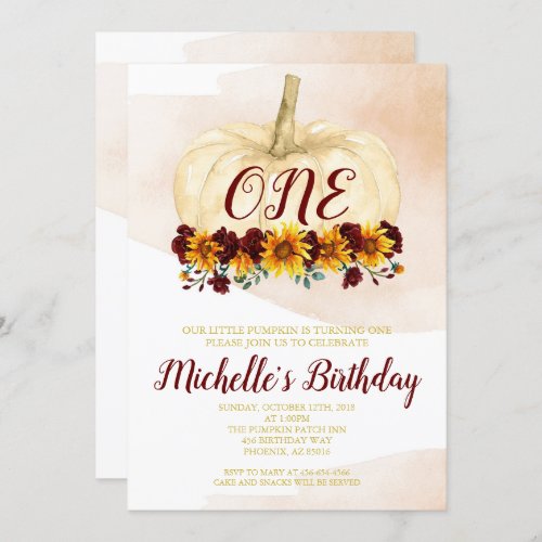 Pumpkin Girl Sunflower Gold First Birthday Invitation