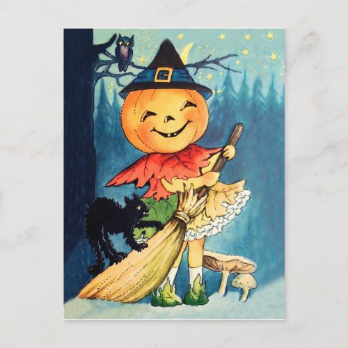 Pumpkin girl witch Halloween vintage greeting Postcard