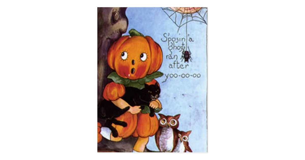 Pumpkin Girl With Cat Postcard | Zazzle
