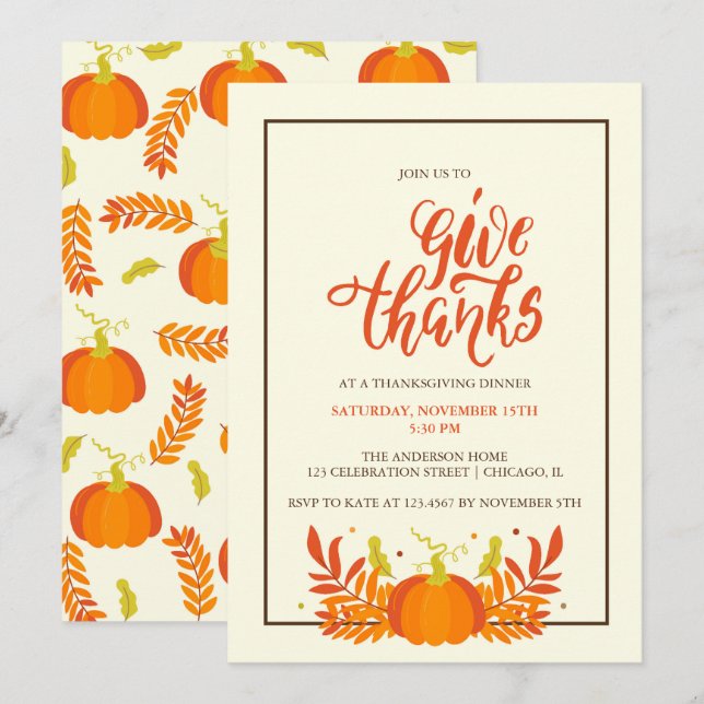 Pumpkin Give Thanks Thanksgiving Dinner Party Invitation (Front/Back)