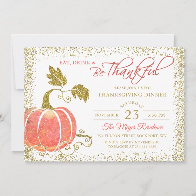 Pumpkin Glitter Thanksgiving Dinner Invitation