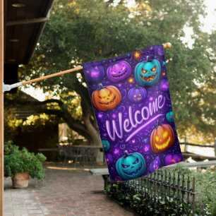 Pumpkin Glow: Neon Welcome Halloween House Flag