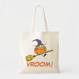 Pumpkin Goes Vroom Vroom on Witch's Broom Tote Bags