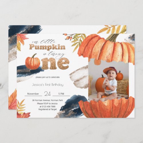 Pumpkin Gold Fall First Birthday With Photo Invitation