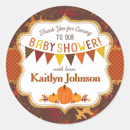 Pumpkin Gold Glitter Autumn Oak Leaves Baby Shower Classic Round Sticker