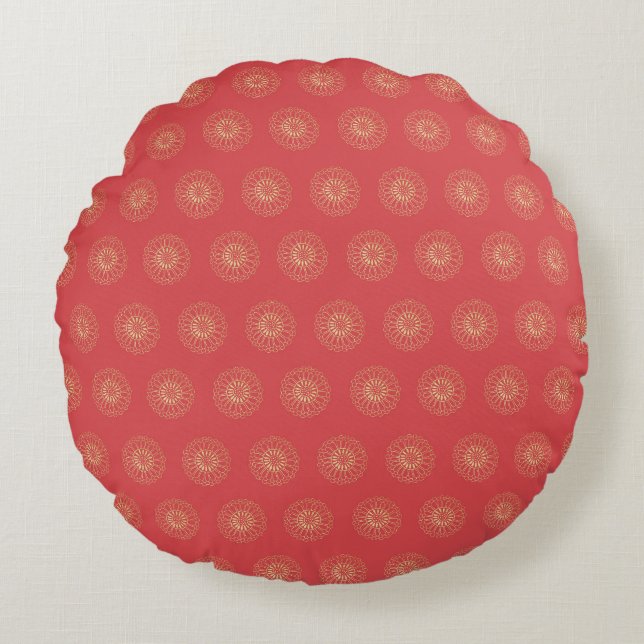 Pumpkin | Golden Zinnia Flower Medallions Round Pillow (Front)