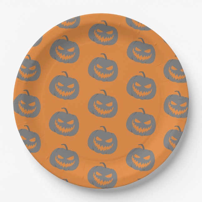 Pumpkin gray & orange Halloween party Paper Plates (Front)