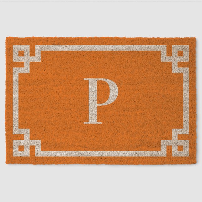 Pumpkin Greek Key Border Monogrammed Fiber Doormat (Front)