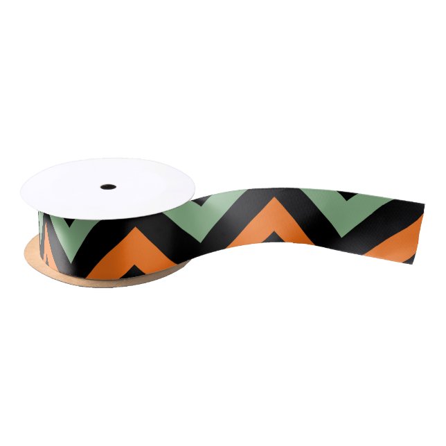 Pumpkin, Green and Black Chevron Stripes Ribbon (Spool)
