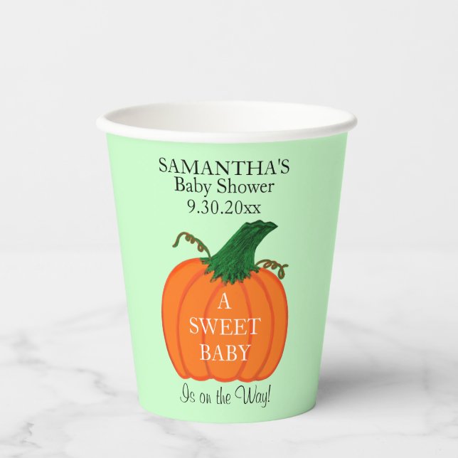 Pumpkin Green Baby Shower Name Paper Cups (Front)
