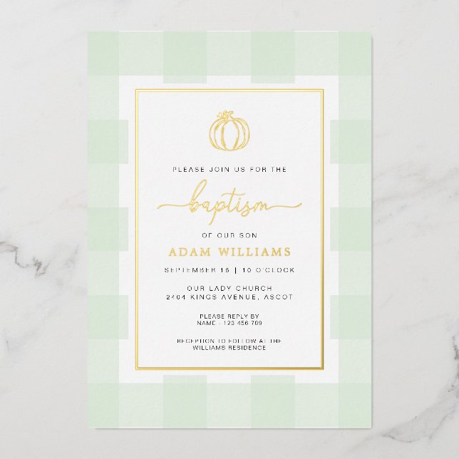 Pumpkin Green Gingham Baptism Gold Foil Invitation (Front)