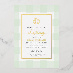 Pumpkin Green Gingham Christening Foil Invitation