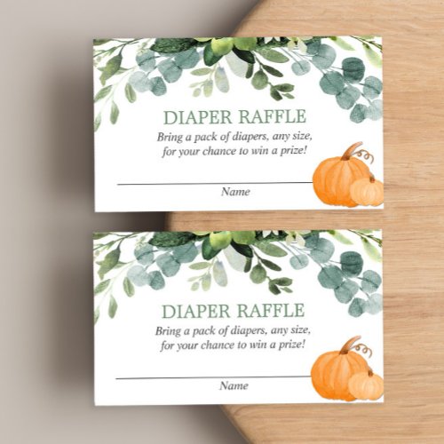 Pumpkin greenery baby shower diaper raffle cards