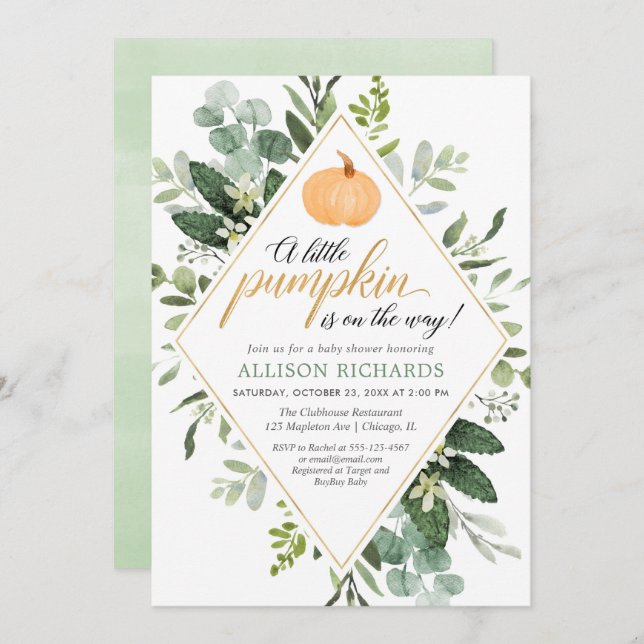 Pumpkin greenery eucalyptus fall gender neutral invitation (Front/Back)