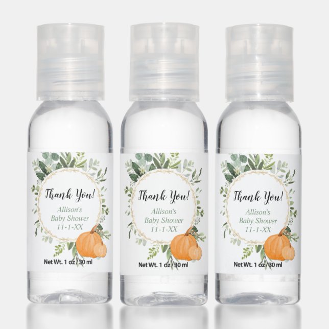 Pumpkin greenery gold fall baby shower favors hand sanitizer (Set)