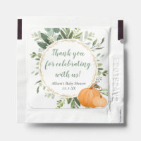 Pumpkin greenery gold fall baby shower favors hand sanitizer packet