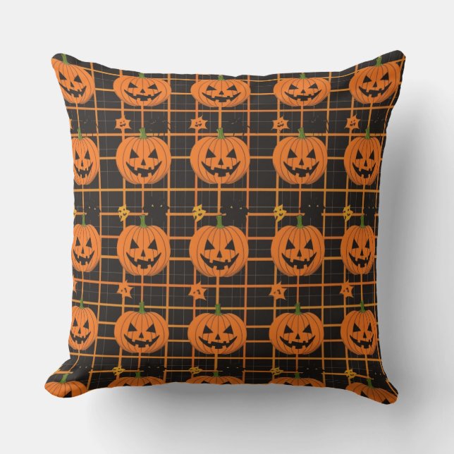 Pumpkin Grid Halloween Throw Pillow (Front)