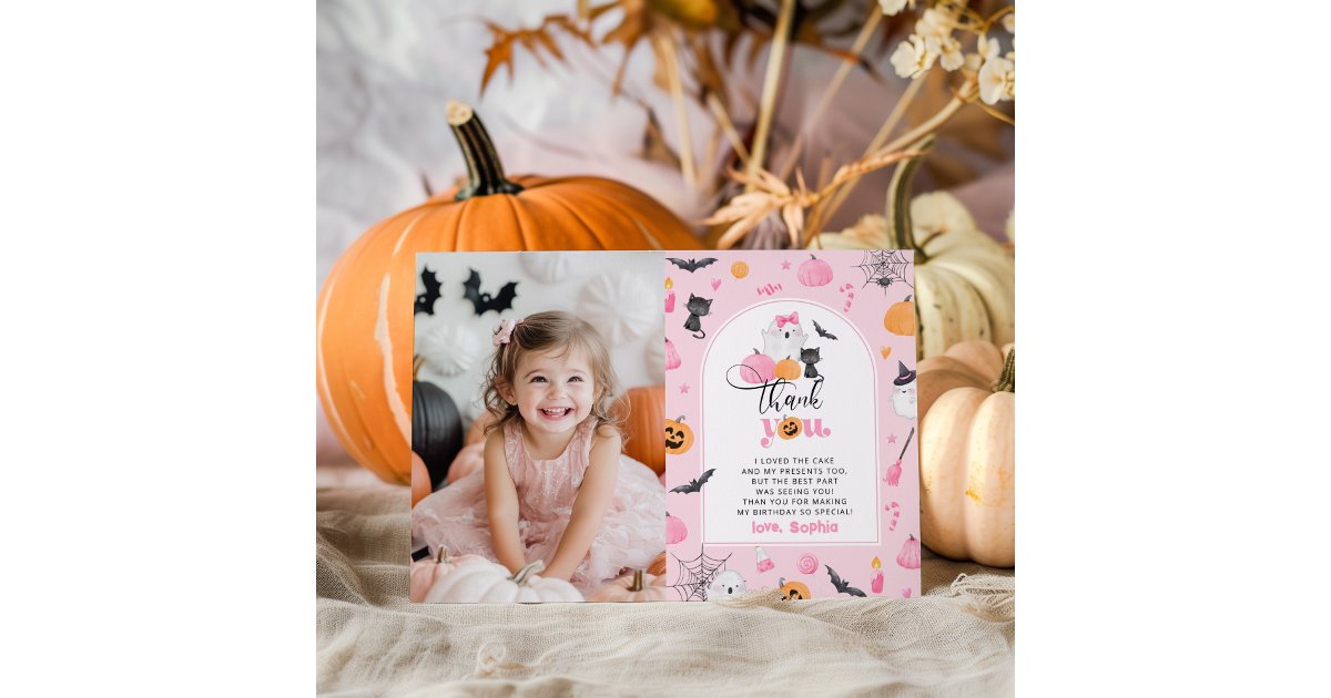 Pumpkin Halloween birthday photo thank you card | Zazzle