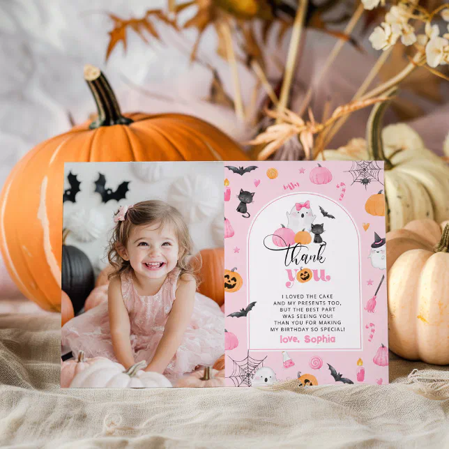 Pumpkin Halloween birthday photo thank you card | Zazzle