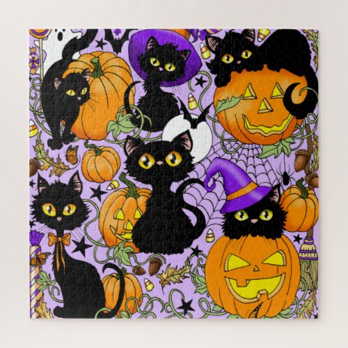 Pumpkin Halloween Candy Black Cats Jigsaw Puzzle