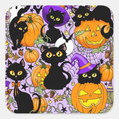 Pumpkin Halloween Candy Black Cats Square Sticker
