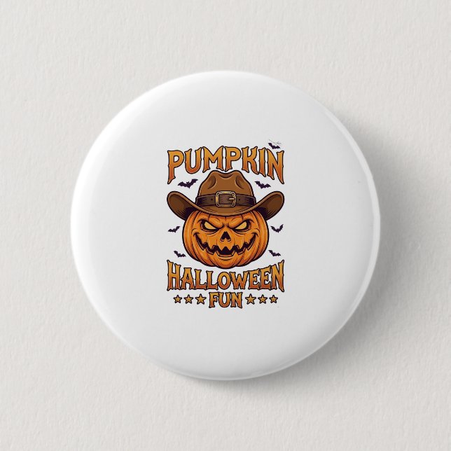 Pumpkin Halloween Fun Jack Lantern Cowboy Hat Bats Button (Front)