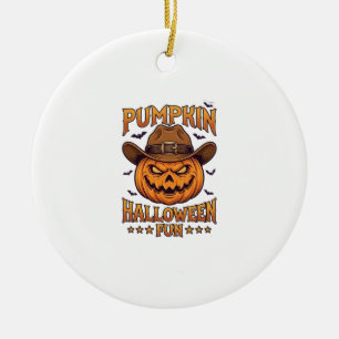 Pumpkin Halloween Fun Jack Lantern Cowboy Hat Bats Ceramic Ornament