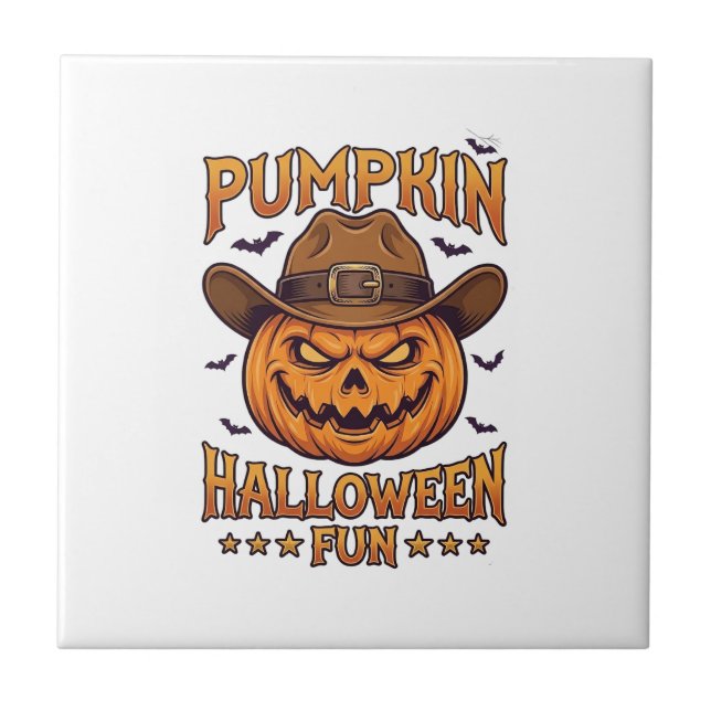 Pumpkin Halloween Fun Jack Lantern Cowboy Hat Bats Ceramic Tile (Front)