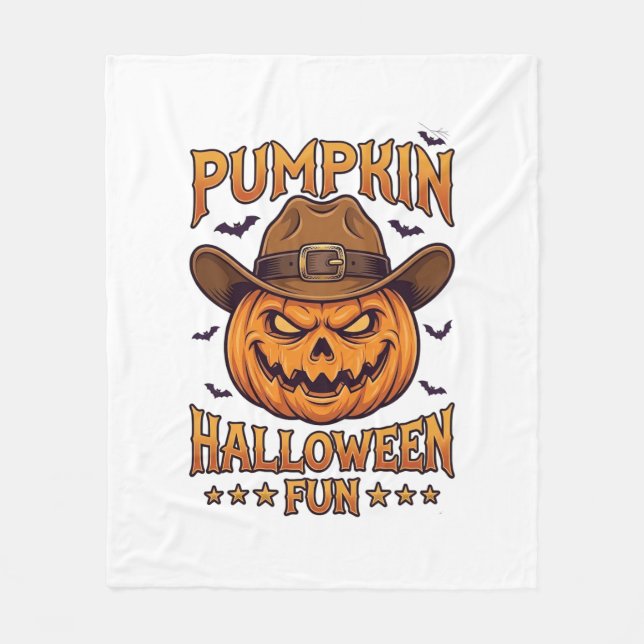 Pumpkin Halloween Fun Jack Lantern Cowboy Hat Bats Fleece Blanket (Front)