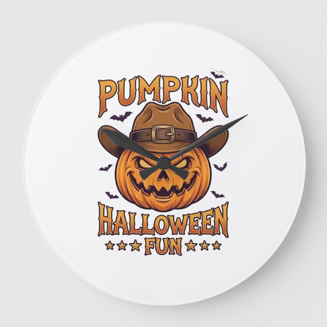 Pumpkin Halloween Fun Jack Lantern Cowboy Hat Bats Large Clock (Front)
