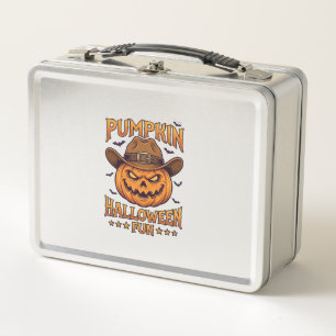Pumpkin Halloween Fun Jack Lantern Cowboy Hat Bats Metal Lunch Box